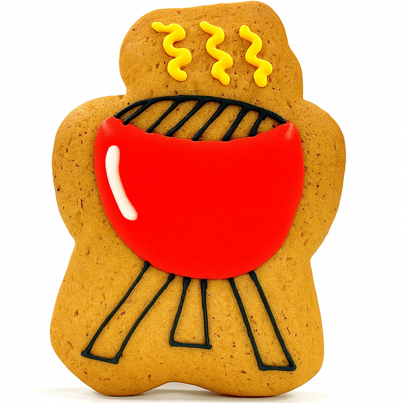 Gingerbread cookie shaped like a barbecue grill with a red grill and yellow smoke on a white background